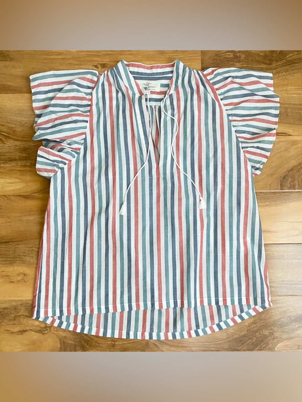 Trovata Striped Blouse Shirt Top Blue Red Short Flutter Sleeves Cottage Boho S - Picture 4 of 11